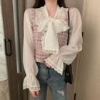 Lace Trim Tie-neck Blouse / Plaid Vest