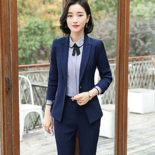 Contrast Trim Shirt / Slim Fit Blazer / Vest / Dress Pants / Pencil Skirt / Set