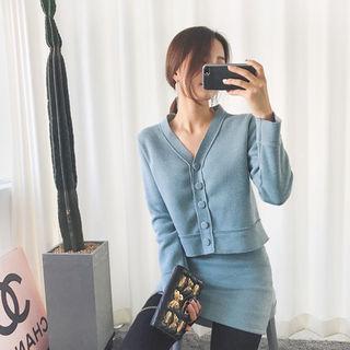 Set: V-neck Buttoned Cardigan + Mini Knit Skirt