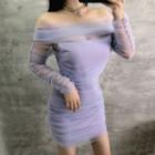 Long-sleeve Mesh Overlay Off-shoulder Mini Dress