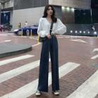 Plain V-neck Long-sleeve Top / Plain High-waist Wide-leg Pants