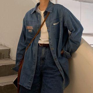 Letter Embroidered Denim Shirt Letter Embroidery - Blue - One Size