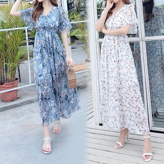 Floral Print V-neck Short-sleeve Maxi Sundress