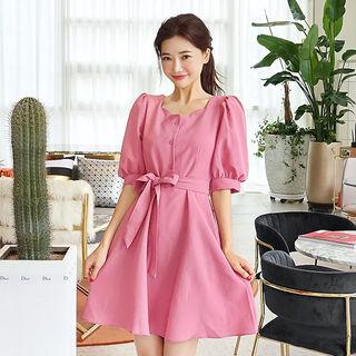 Scallop-neck Shirtwaist Dress With Sash