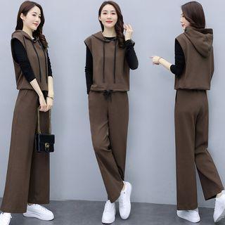 Set: Long-sleeve Plain T-shirt + Hooded Vest + Wide Leg Cropped Pants