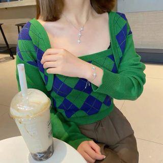 Set: Argyle Cropped Cardigan + Knit Camisole Top