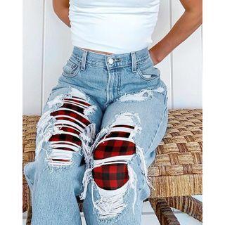 High Waist Ripped Check Print Paneled Jeans