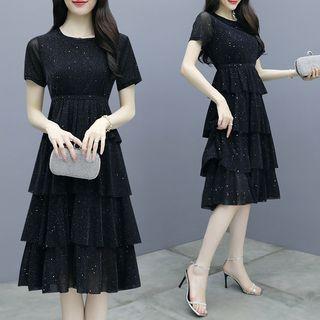 Short-sleeve Glitter A-line Layered Dress