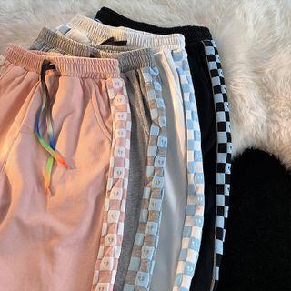 Heart Print Check Panel Drawstring Sweatpants