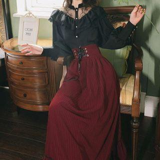 Set: Ruffle Trim Mesh Panel Blouse + Lace-up Maxi A-line Skirt