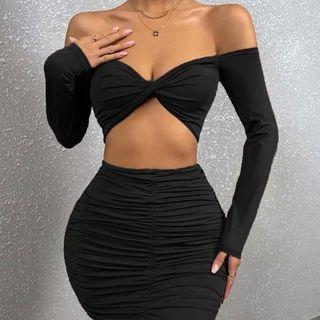 Set: Long-sleeve Off-shoulder Crop Top + Drawstring Mini Pencil Skirt