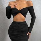 Set: Long-sleeve Off-shoulder Crop Top + Drawstring Mini Pencil Skirt