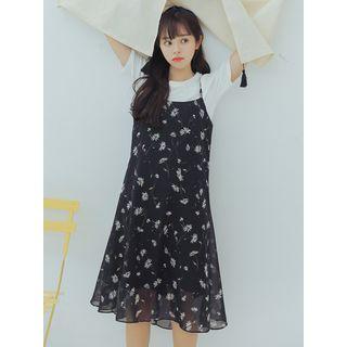 Crew-neck Short-sleeve T-shirt / Floral Spaghetti Strap Dress / Set