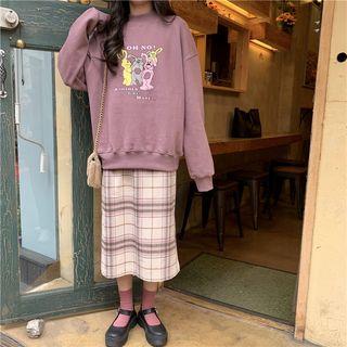 Rabbit Print Pullover / Plaid Midi Skirt