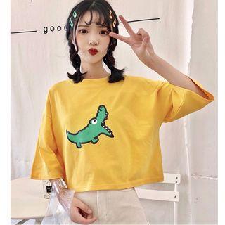 Elbow-sleeve Crocodile Print T-shirt