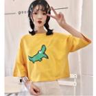 Elbow-sleeve Crocodile Print T-shirt