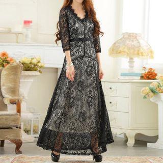 3/4 Sleeve V-neck Lace Evening Gown