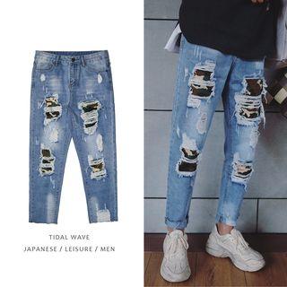 Camouflage Panel Ripped Straight-cut Jeans