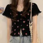 Short-sleeve Flora Print Lace Trim Knit Top