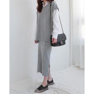 Set: Wool Blend Knit Top + H-line Long Skirt
