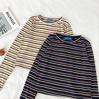 Color-block Striped Crewneck Long-sleeve T-shirt