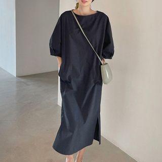 Elbow-sleeve Loose-fit Slit Dress
