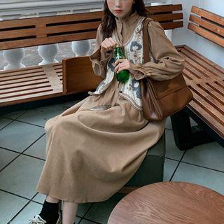 Long-sleeve Plain Midi Dress / Patterned Button-up Sweater Vest
