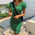 Off-shoulder Buttoned Floral Dress Green - One Size