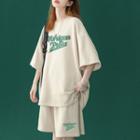 Set: Short Sleeve Lettering Print Oversized Top + Wide Leg Sweatshorts