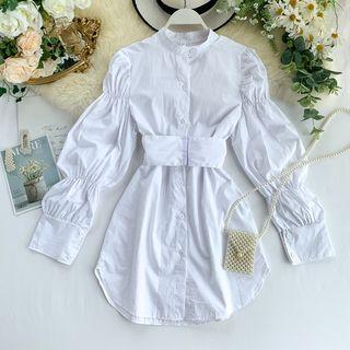 Long-sleeve Belt-waist Shirt Dress White - One Size