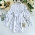 Long-sleeve Belt-waist Shirt Dress White - One Size