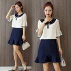 Set: Two-tone Elbow-sleeve Blouse + Mini A-line Skirt