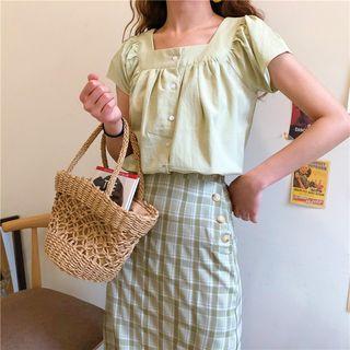 Buttoned Short-sleeve Blouse / Plaid Midi A-line Skirt