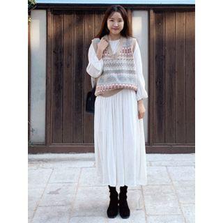 Round-neck Shirred Long Dress One Size