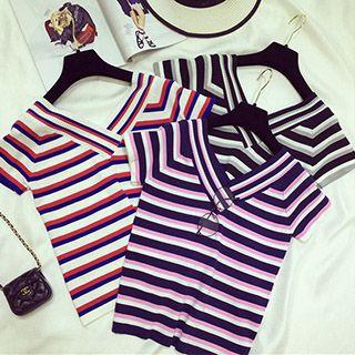 Stripe V-neck Short-sleeve Knit Top