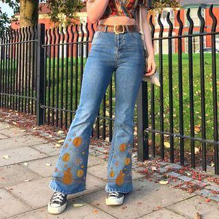 High Waist Flower Embroidery Bootcut Jeans