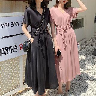 V-neck Drawstring Plain Dress