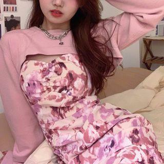 Plain Shrug / Spaghetti Strap Floral Print Dress