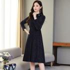 Long-sleeve Pleated Knit A-line Midi Dress