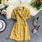 Puff-sleeve Plaid Double Breasted A-line Mini Dress