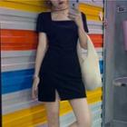 Short-sleeve Slitted Mini Dress Black - One Size