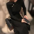 Collared Long-sleeve Knit Midi A-line Dress
