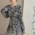 Long Sleeve Leopard Print Top Gray - One Size