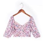 Floral Print Zip-up Cropped Blouse