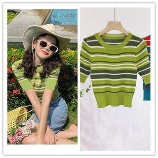 Short-sleeve Round-neck Striped Ice Silk Top