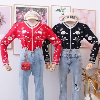 Flower-print V-neck Knit Top