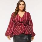 Bishop-sleeve Striped Tie-waist Blouse