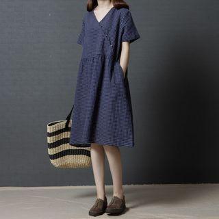 V-neck Elbow-sleeve A-line Linen Dress
