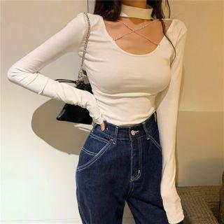 Choker-neck Chained Knit Top