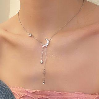Moon & Star Rhinestone Fringed Alloy Necklace Jml5104 - Silver - One Size